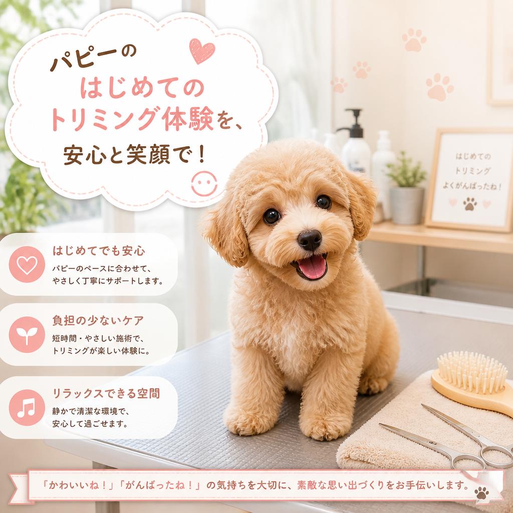 パピーの初めてのトリミング体験を、安心と笑顔で！