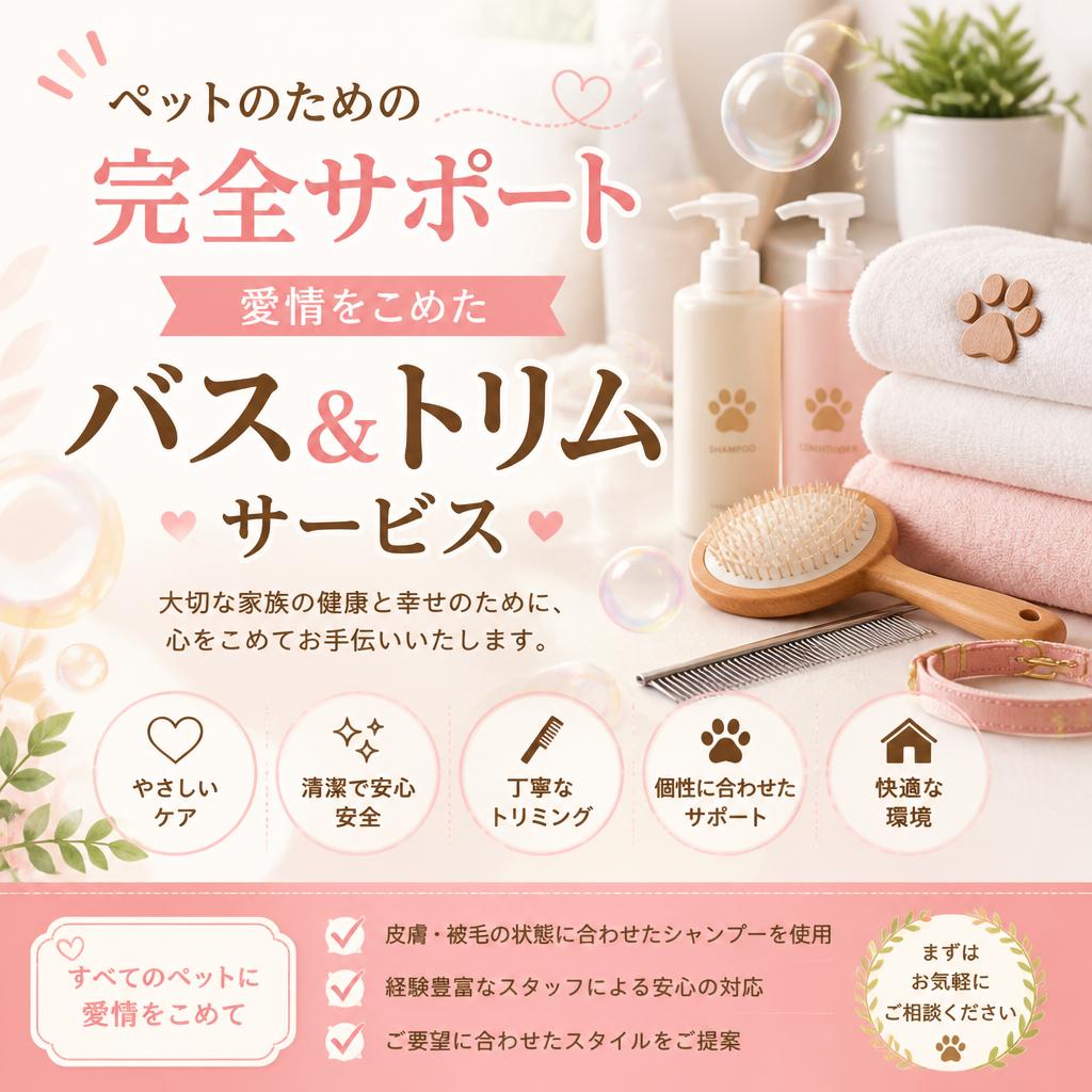 ペットのための完全サポート、愛情をこめたバス&トリムサービス