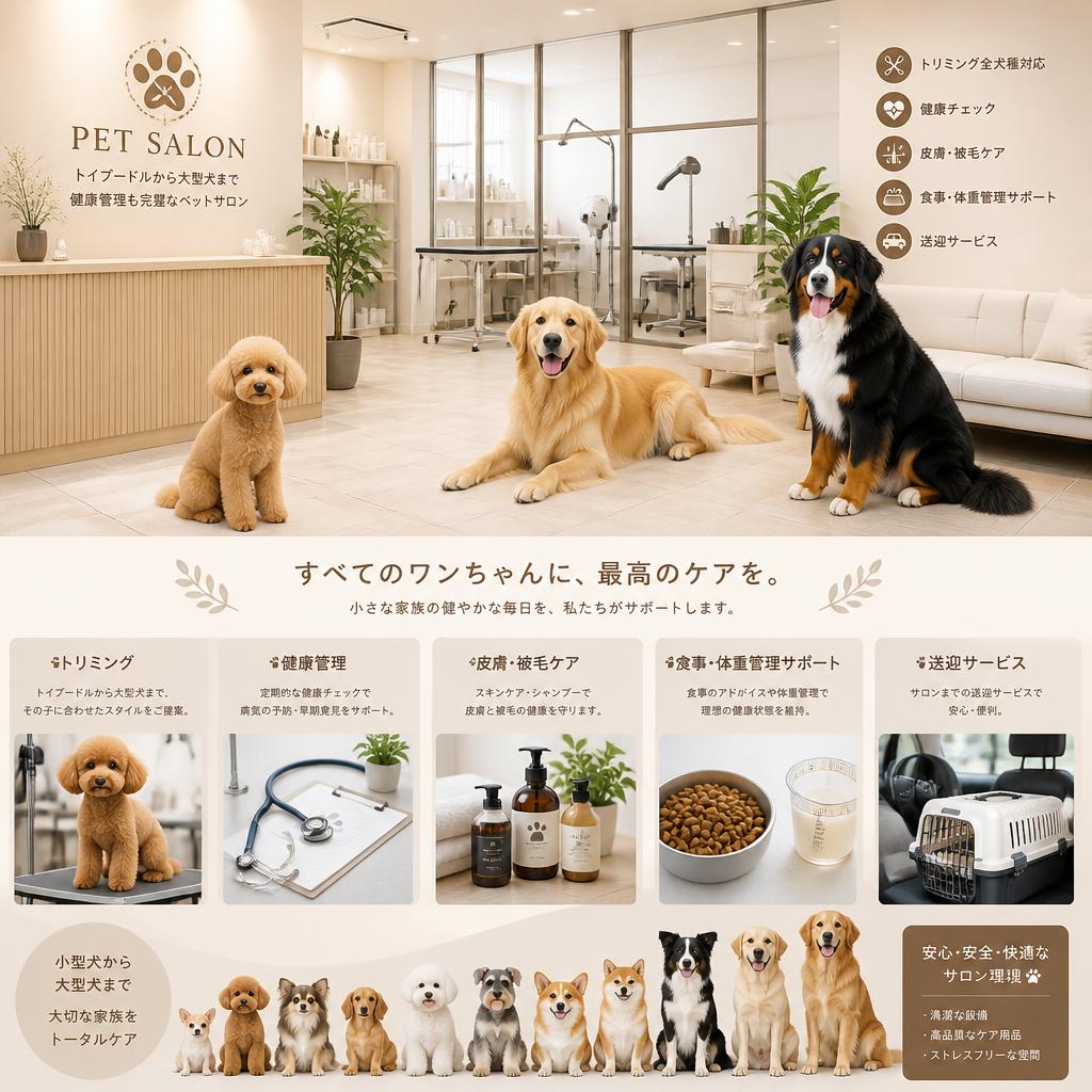トイプードルから大型犬まで、健康管理も完璧なペットサロン