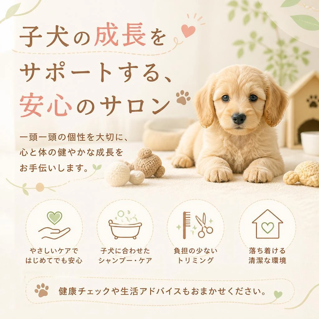 子犬の成長をサポートする、安心のサロン