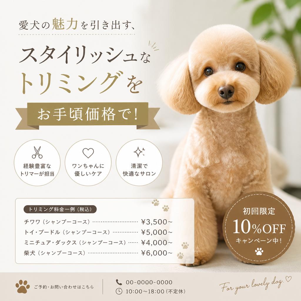 愛犬の魅力を引き出す、スタイリッシュなトリミングをお手頃価格で！